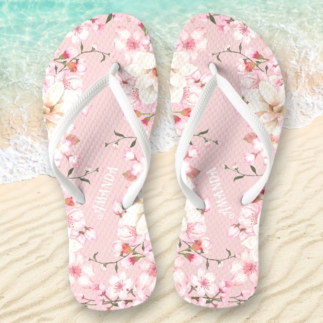 Tongs Fleur Sakura de cerise rose fleurie Nom (Pink Floral Cherry Blossom Sakura Flowers Name Flip Flops)