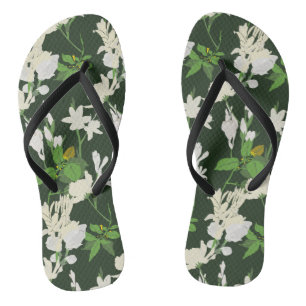 Tongs Fleurs blanches vert foncé
