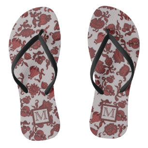 Tongs Fleurs Bohème Chic Floral Boho Rouge Gris Monogrm