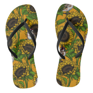 Tongs Fleurs de soleil et ailerons d'or sur orange