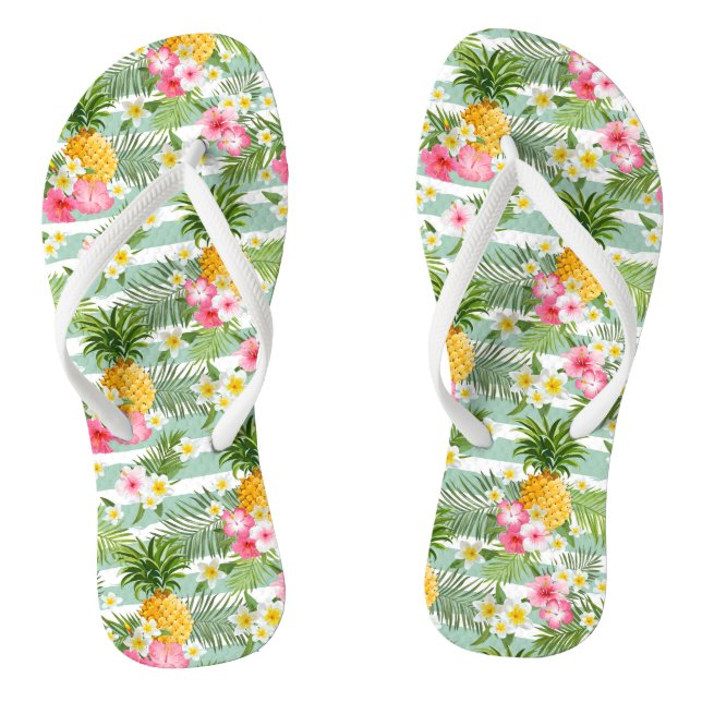Tongs Fleurs et ananas tropicaux sur les rayures (Semelle)