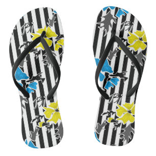Tongs Fleurs florales bleues jaunes gris feuille st