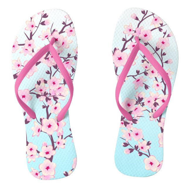 Tongs Fleurs florales de cerisier rose Turquoise (Semelle)