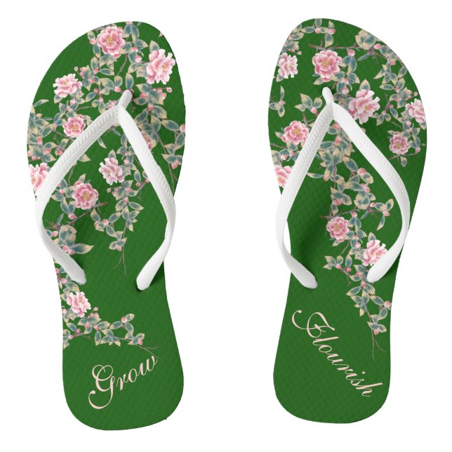 Tongs Fleurs roses florissantes Citation Inspirante Vert (Semelle)