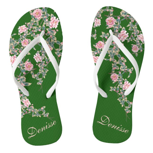 Tongs Fleurs roses florissantes Nom personnalisé Vert (Semelle)