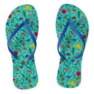 Tongs Fleurs sauvages et papillons de nuit sur turquoise
