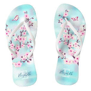 Tongs Floral Fleurs de cerise rose Turquoise Monogramme