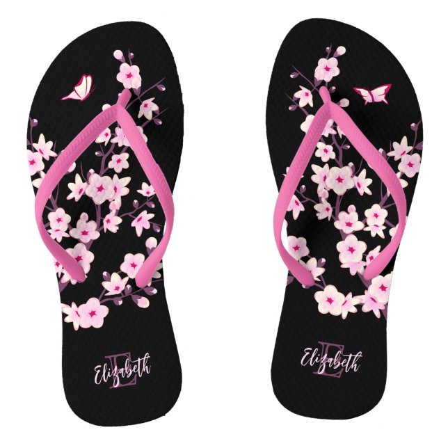 Tongs Floral Fleurs de cerisier rose Nom noir Monogramme (Semelle)