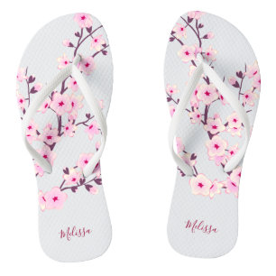 Tongs Floral Fleurs de cerisiers rose blanc Monogramme