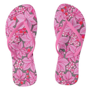 Tongs Fraises et feuilles Art Nouveau, rose et gris