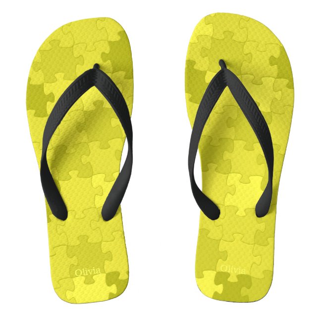Tongs Funny Jigsaw Puzzle Motif Ajouter un nom Jaune Ver (Semelle)