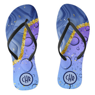 Tongs Glam Aqua Blue Water Droplets Ombre   Monogramme