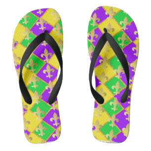 Tongs Gold Green Mardi Gras Harlequin Motif
