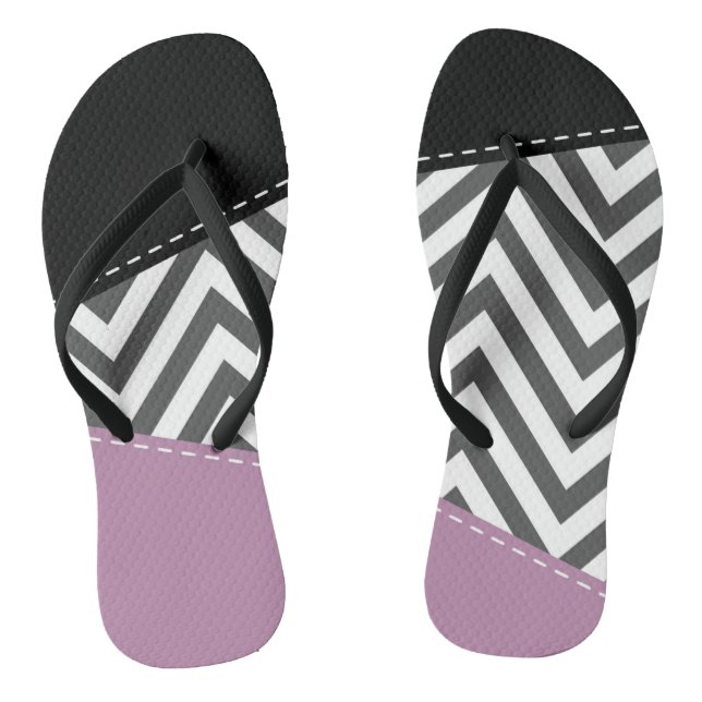 Tongs Gris Zigzag, Gris Chevron, Motif Zigzag, Violet (Semelle)