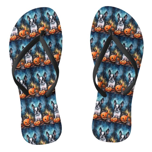 Tongs Halloween Boston Terrier avec la peur Citrouille (Semelle)