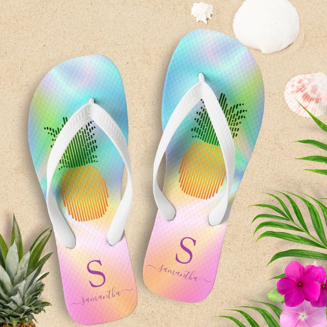Tongs Holographie de l'ananas tropical Monogramme été (Créateur téléchargé)