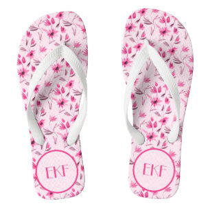 Tongs Initiales brodées Fleurs roses Femme