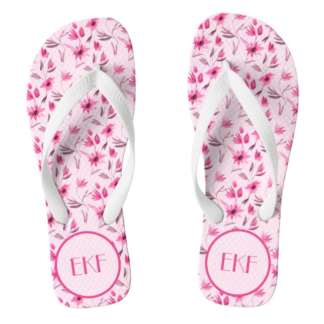 Tongs Initiales monogrammes rose floral femmes (Semelle)