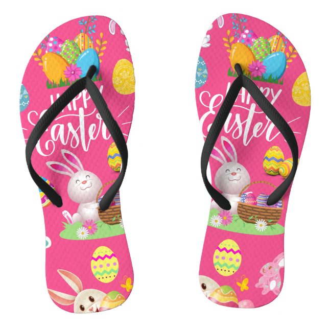 Tongs Joyeuses Pâques ,Vœux de lapin drôle et œufs color (Semelle)