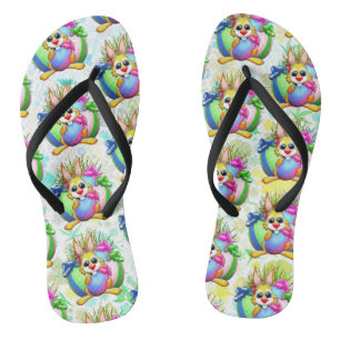 Tongs Lapin drôle mordant un œuf de Pâques