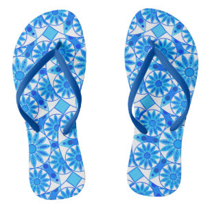 Tongs Mandala motif, bleu cobalt, turquoise et blanche