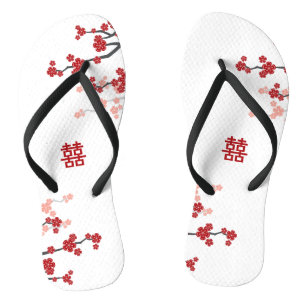Tongs Mariage chinois double Xi chic rouge fleurs cerisi