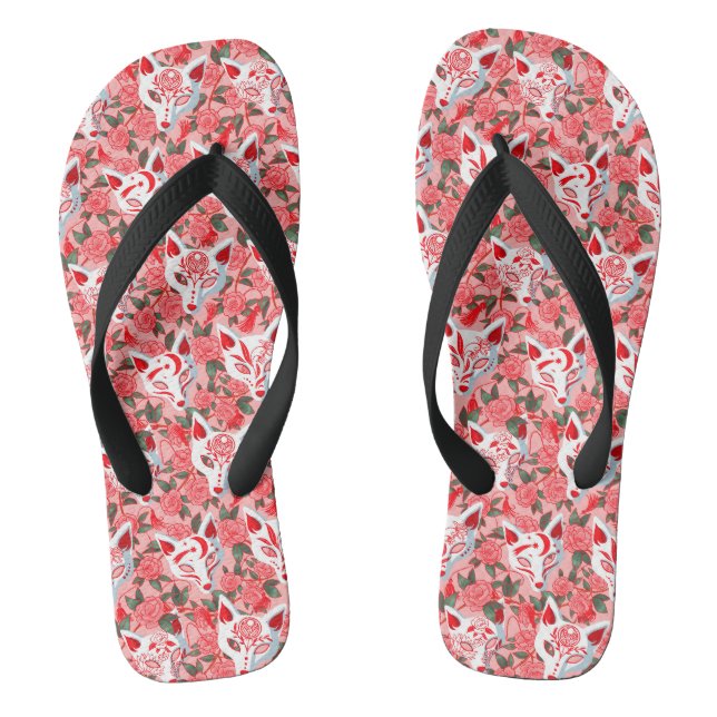 Tongs Masques Kitsune et camélia fleurie sur rose (Semelle)