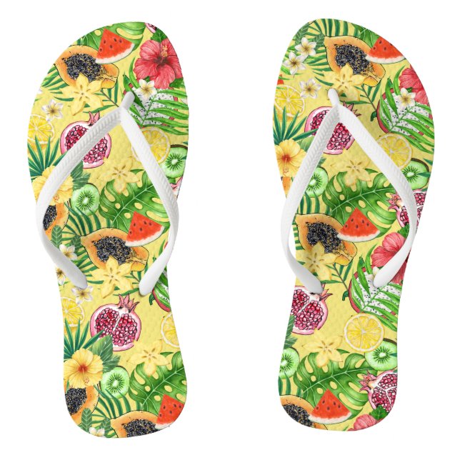 Tongs Mix-fruit tropical, fleurs et feuilles sur jaune (Semelle)