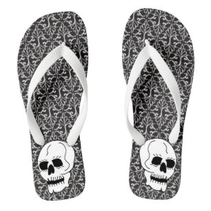 Tongs Modèle gothique noir blanc Damas crâne blanc