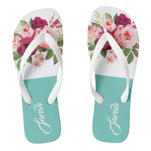 Tongs Monogramme aquarelle florale bleue Bourgogne belle