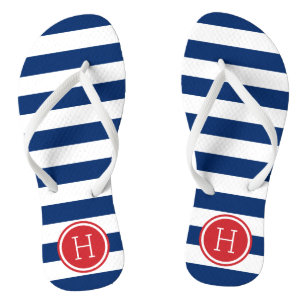Tongs Monogramme blanc rouge et bleu de bandes Preppy
