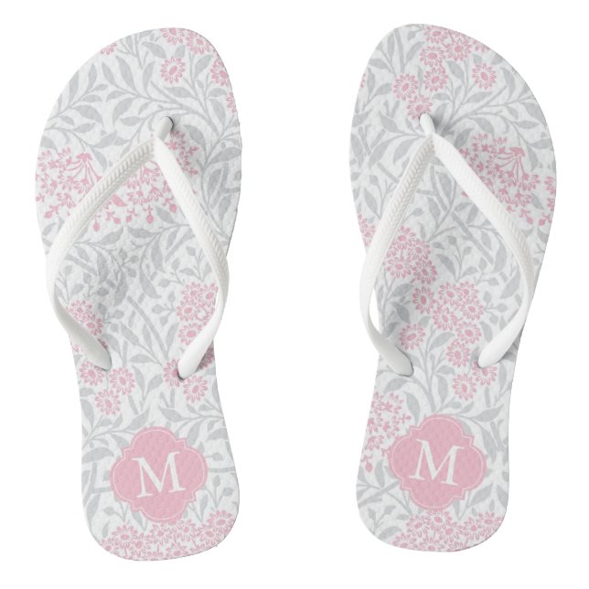 Tongs Monogramme de Damas florales rose et gris (Semelle)