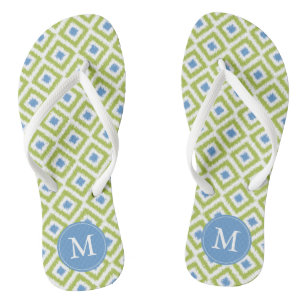 Tongs Monogramme de Motif Ikat vert et bleu