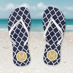 Tongs Monogramme de Quatrefoil Marocain Marine et Or