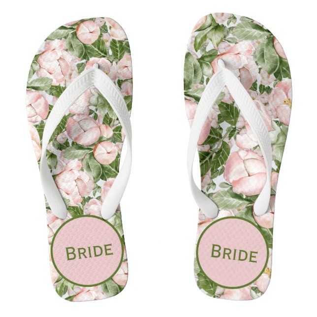 Tongs Monogramme Élégant Rose Vert Floral Mariée (Semelle)