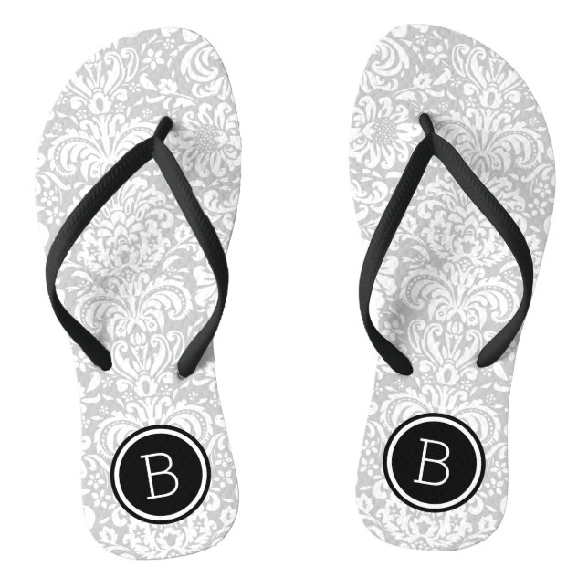 Tongs Monogramme gris et noir de Damas florales (Semelle)