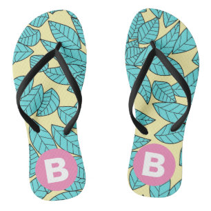 Tongs Motif botanique de feuilles sarcelle Monogramme ro