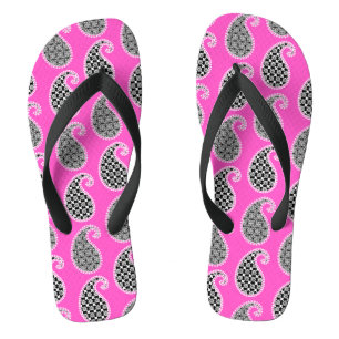 Tongs Motif cachemire, rose fuchsia, noir et blanc