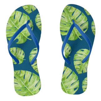 Tongs Motif Cute Chic Feuille de Banane Vert Bleu