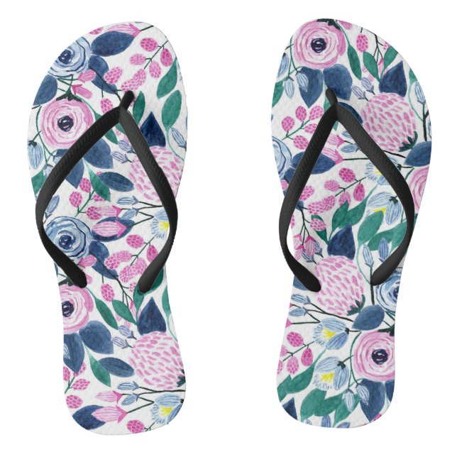Tongs Motif d'aquarelle Sweet Rose Navy Flowers (Semelle)