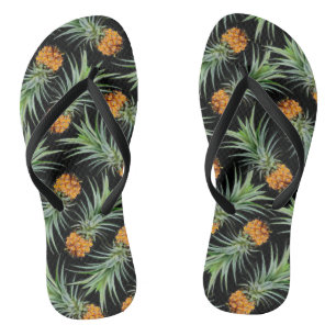 Tongs Motif de Ananas Tropical sur Fond Noir