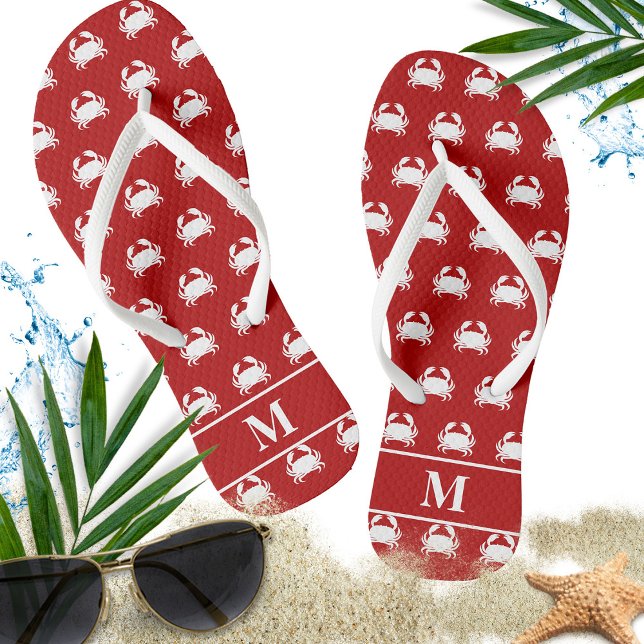 Tongs Motif de crabe rouge et blanc Personnalisation nau (monogram with white crab and red background)