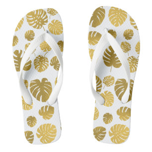 Tongs Motif de feuilles tropicales de Monstera en or mod