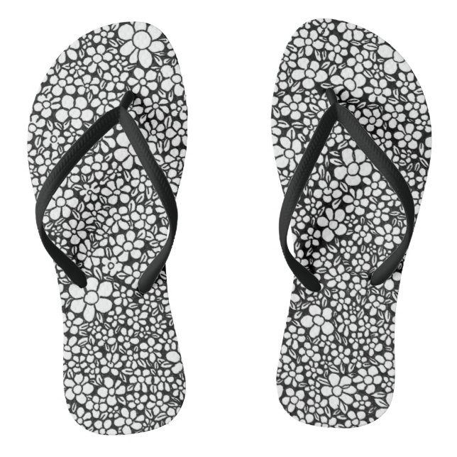 Tongs Motif de fleurs noir et blanc dessiné à la main (Semelle)