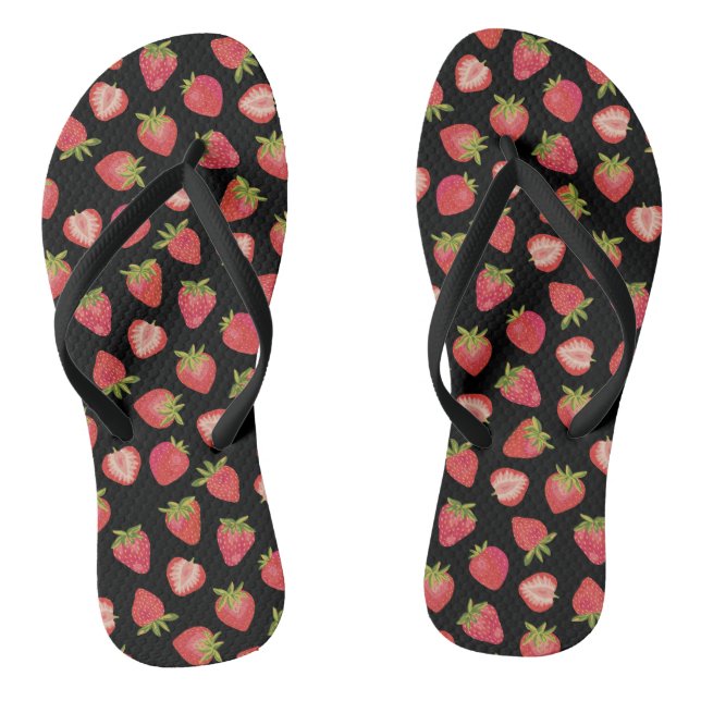 Tongs Motif de fraise d'été sur noir (Semelle)