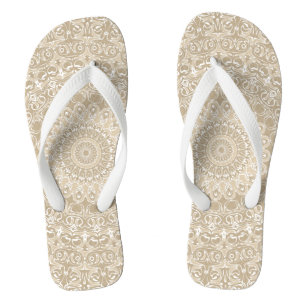 Tongs Motif de mandala d'ornement kaki et blanc