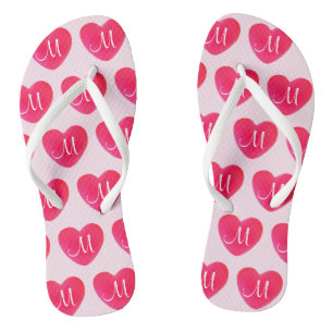 Tongs Motif de monogramme de coeur rose vif
