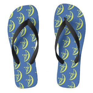 Tongs Motif de visage de lune jaune bleu