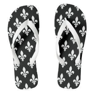 Tongs Motif Fleur de Lis, Royal Français, Blanc sur Noir