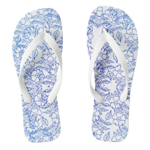 Tongs motif floral bleu sur blanc